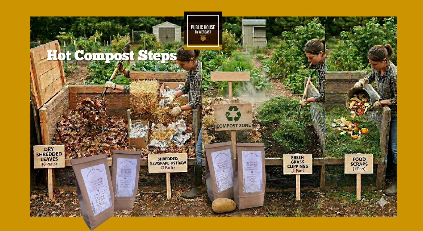 People composting with signs indicating composting steps in a garden setting.
