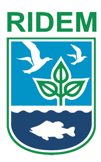 Logo with 'RIDEM' text, birds, leaves, and a fish on a blue background, registration for Recycled Grounds in Cumberland, Rhode Island.
